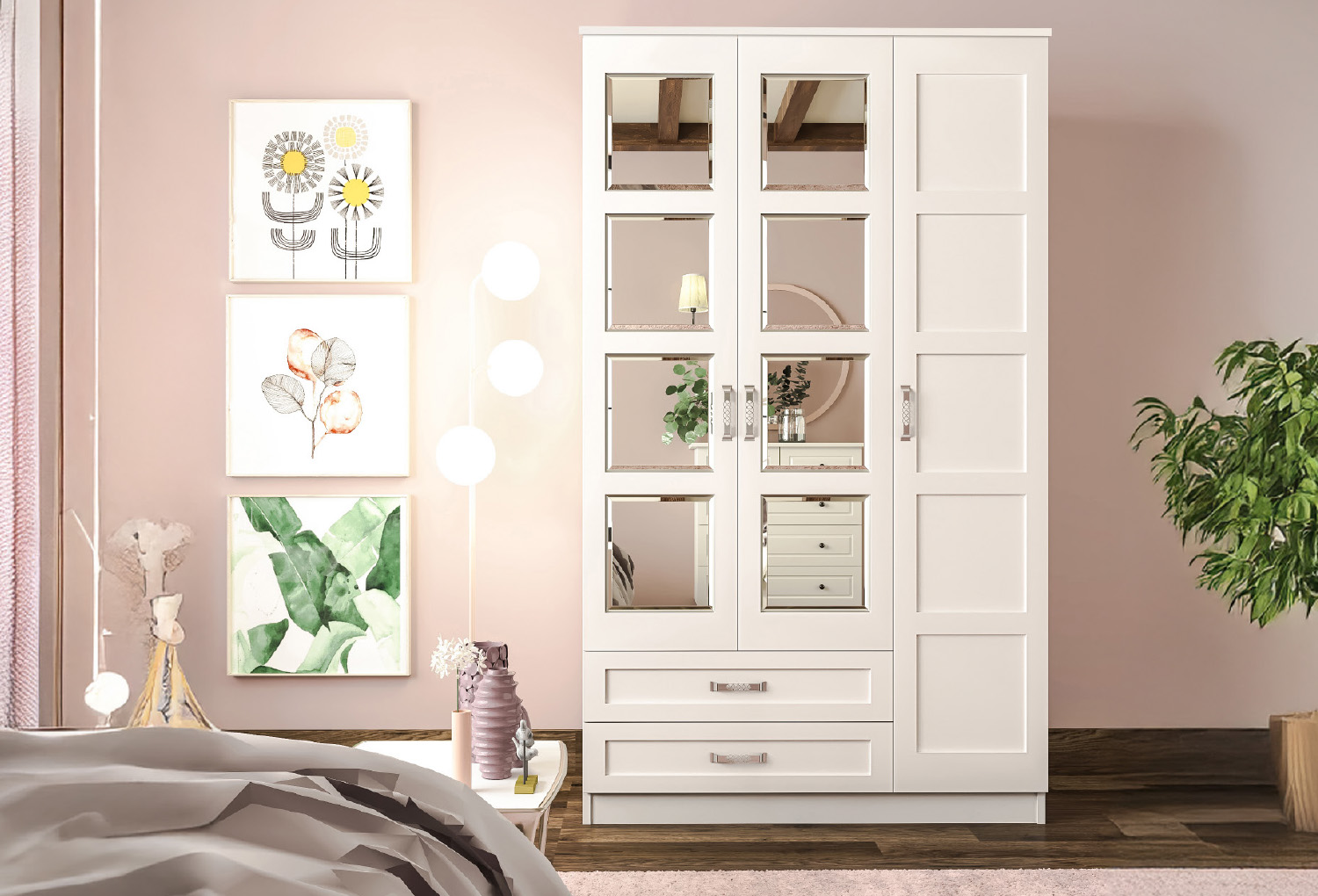 Cemre Country 3 Door, 2 Drawer Wardrobe with Mirror