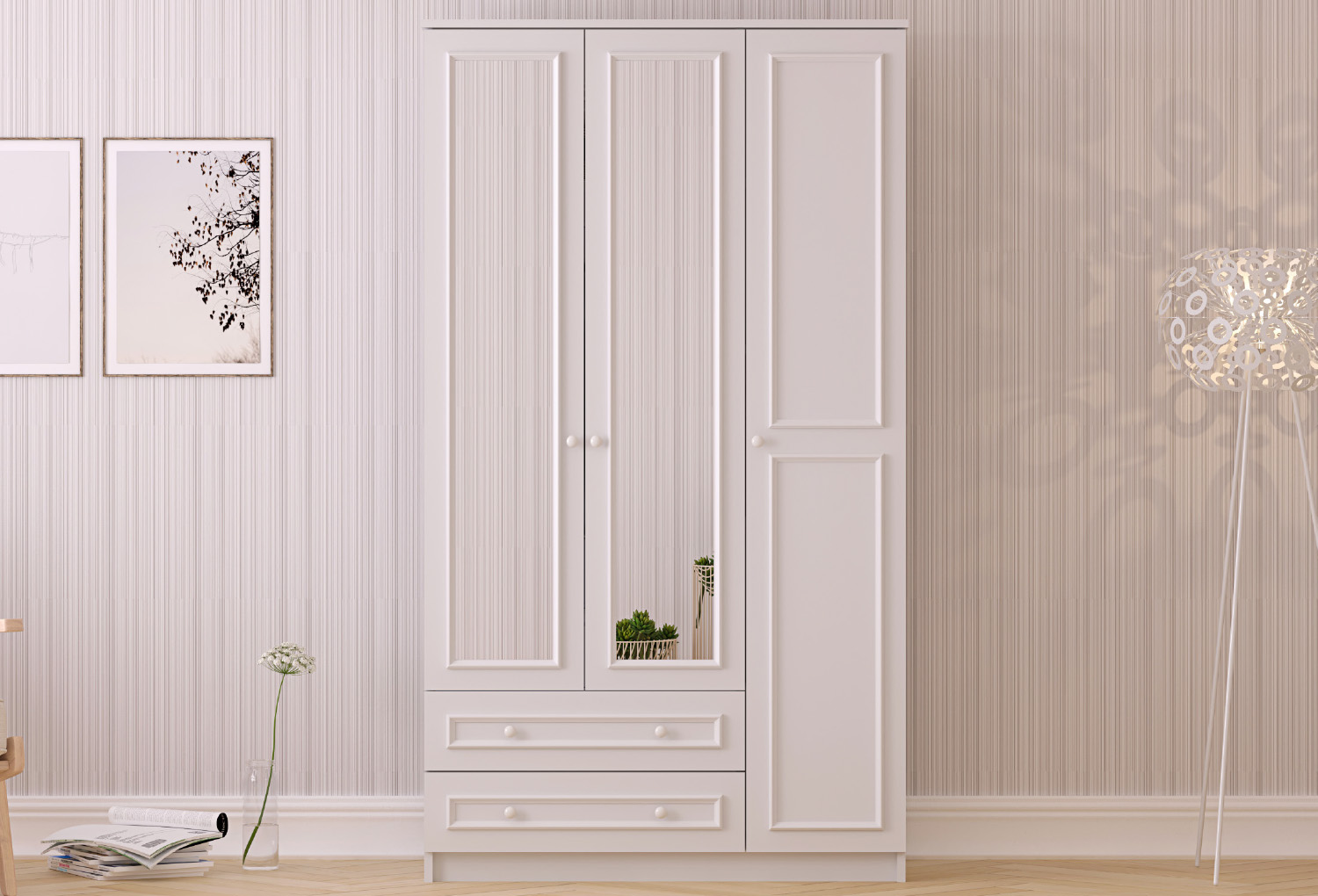 Lina Country 3 Door, 2 Drawer Wardrobe with Mirror